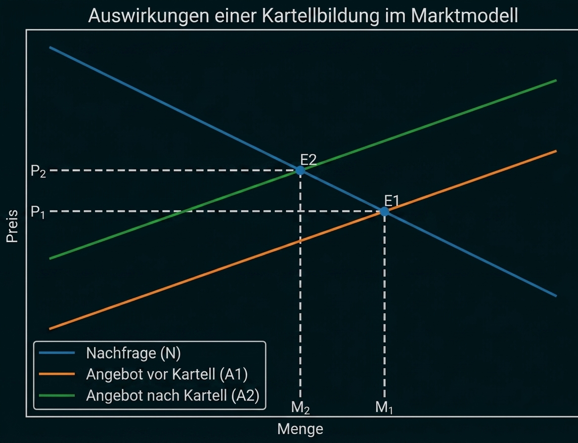 Diagramm zur Preis- und Mengenänderung durch Kartellbildung im Marktmodell